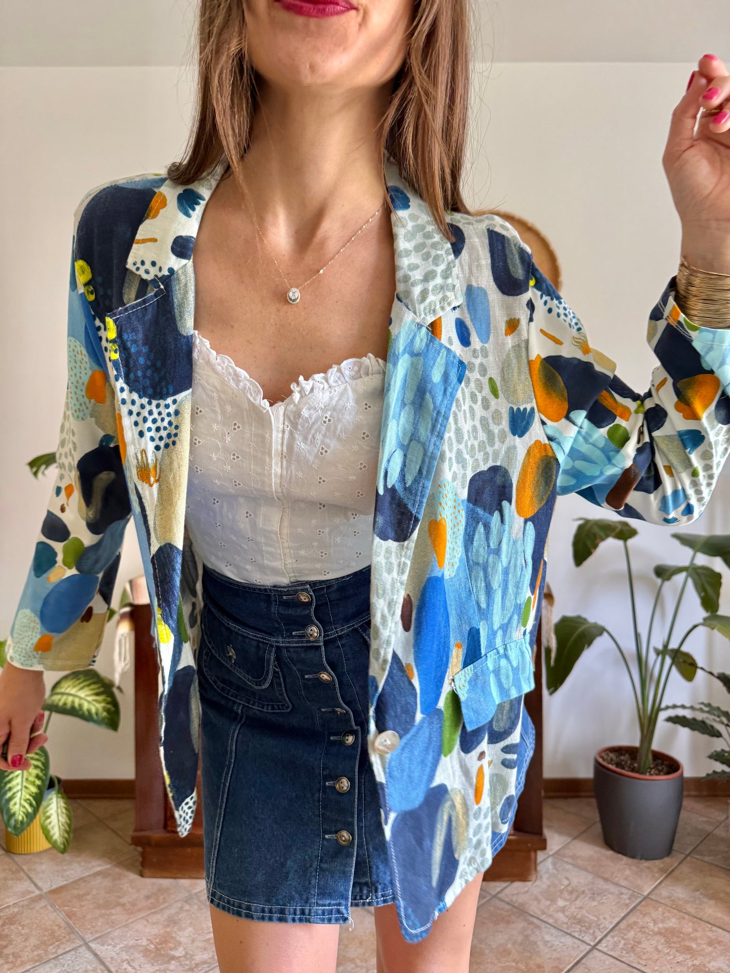 1990’s vintage blue, green and orange abstract print linen jacket