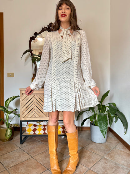 1990’s vintage cream pleated mini dress with black polkadots and bow tie neck