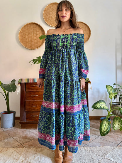 1970’s vintage green, blue and pink silk floral prairie maxi dress with bell sleeves