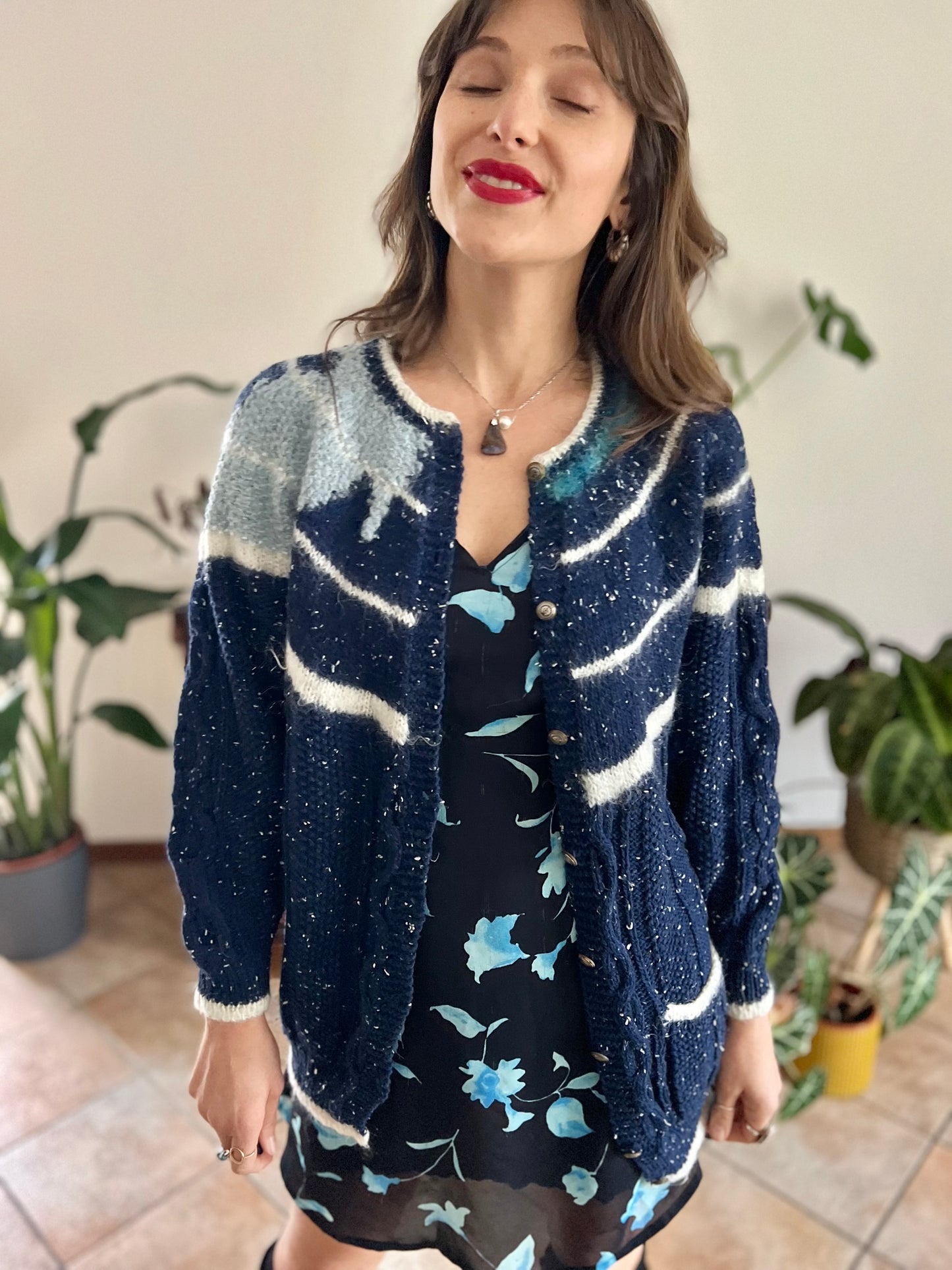 1970's vintage navy blue and cream speckled hand knit cardigan with turquoise asymmetric design