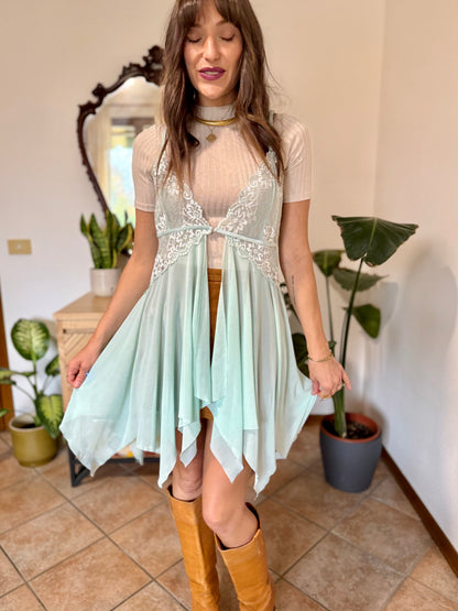 Y2K vintage asymmetrical light turquoise and lace slip