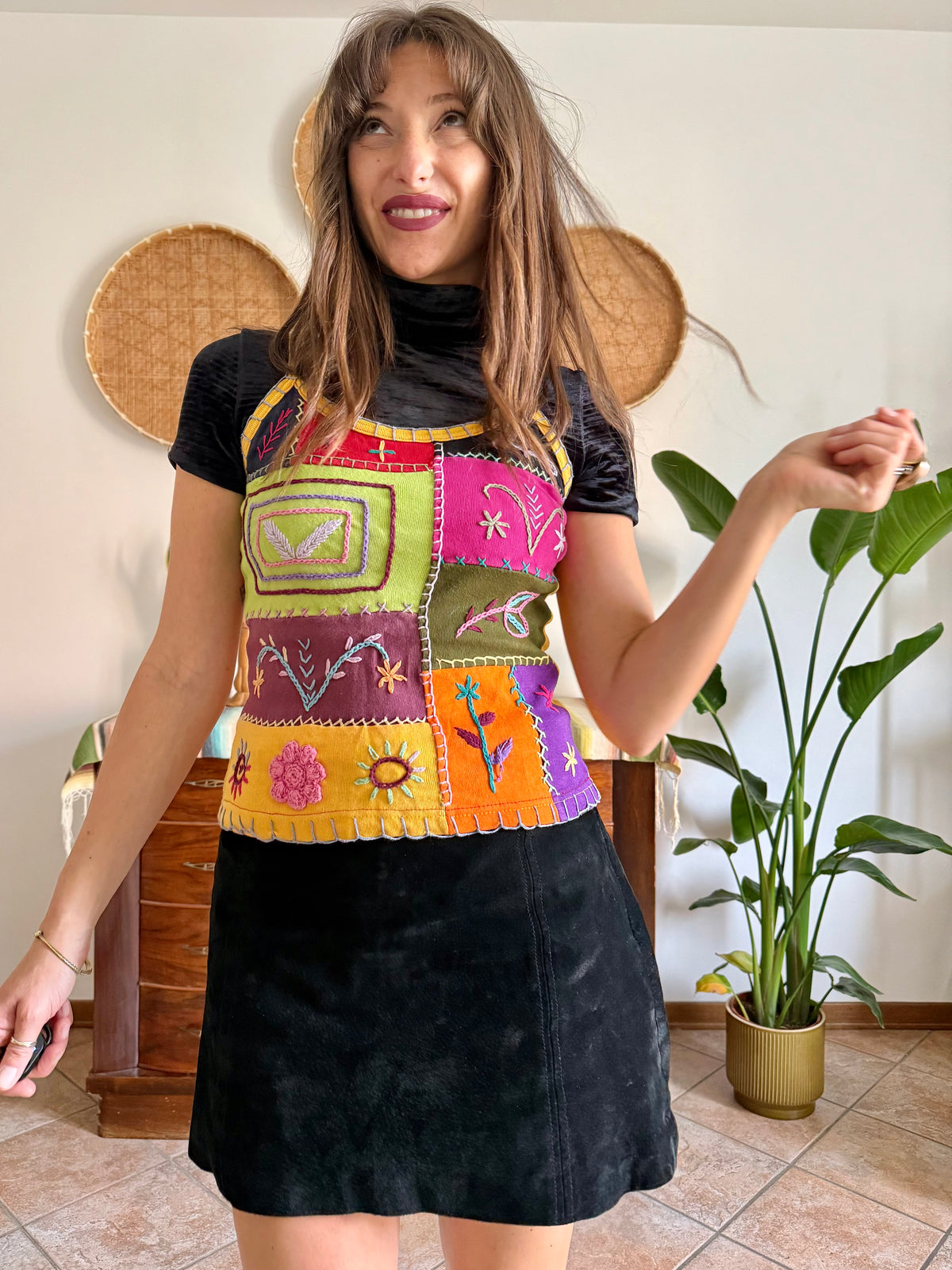 1990’s vintage multicolour patches or embroidered spaghetti strap top