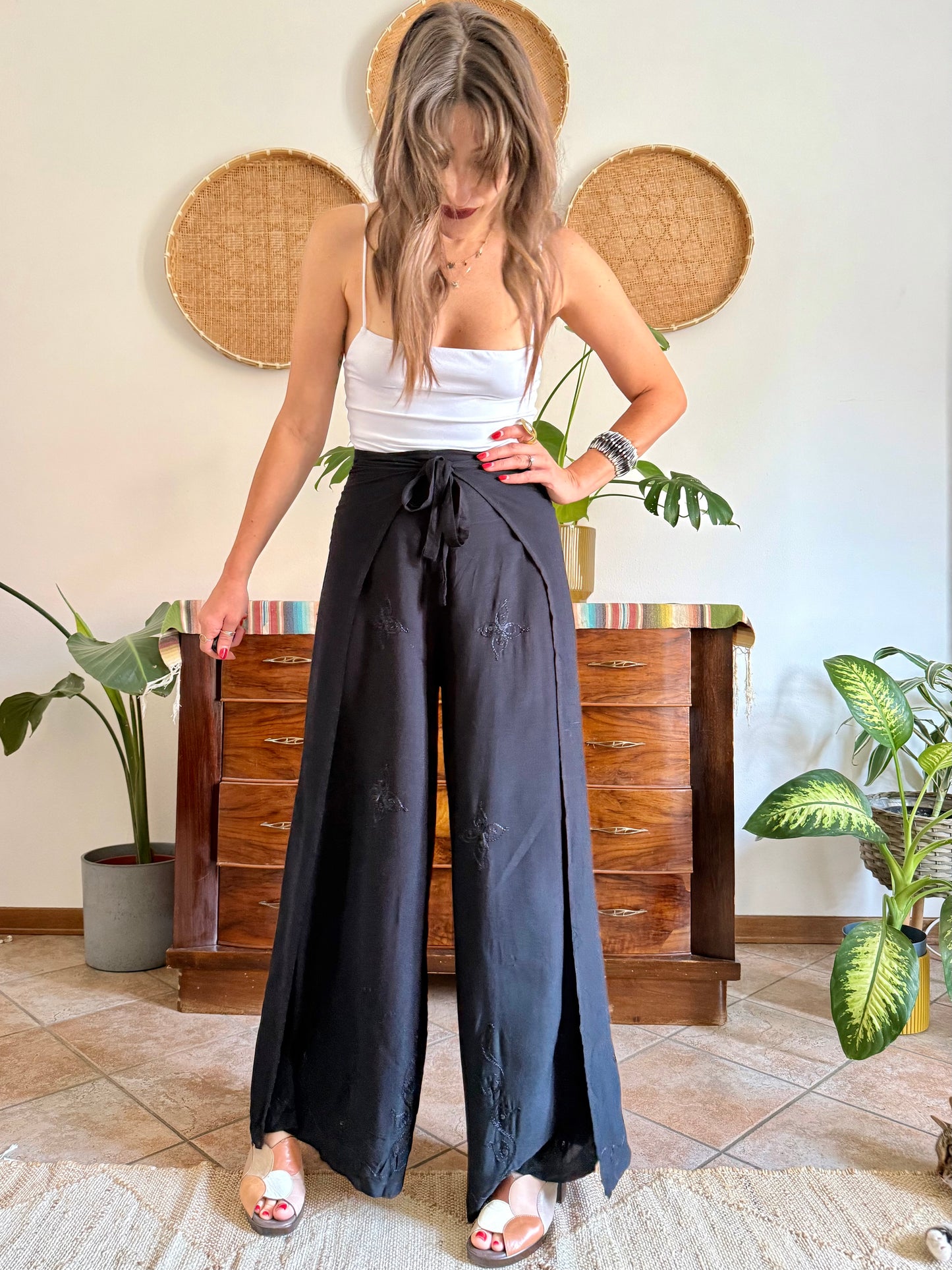 1990’s vintage black adjustable tie wide leg trousers with floral embroidery and sequin detailing