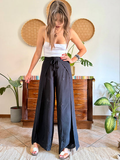 1990’s vintage black adjustable tie wide leg trousers with floral embroidery and sequin detailing