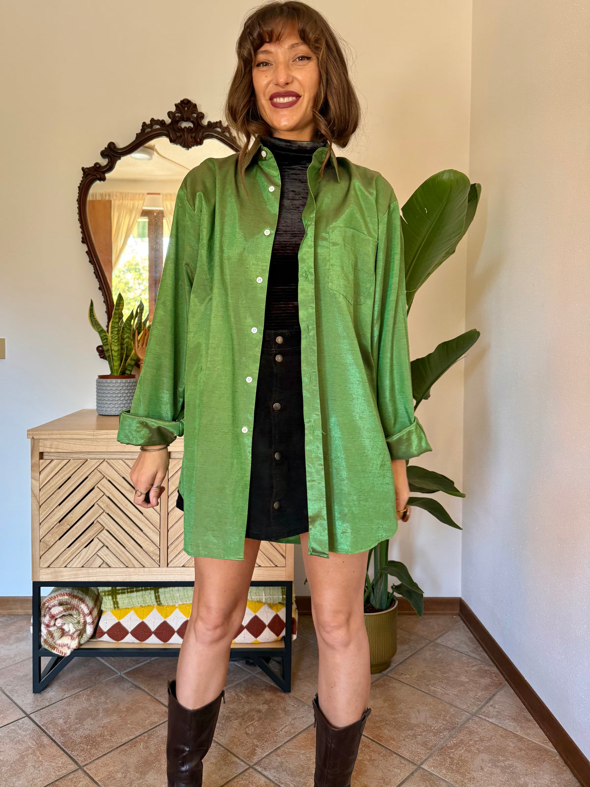 1970’s vintage oversize green and brown iridescent silk blouse