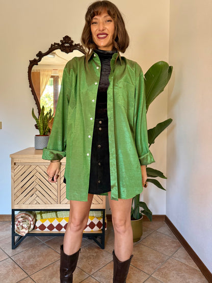 1970’s vintage oversize green and brown iridescent silk blouse