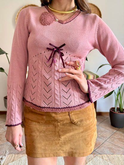 Y2K vintage pink knit bell sleeve knit pullover with bow details