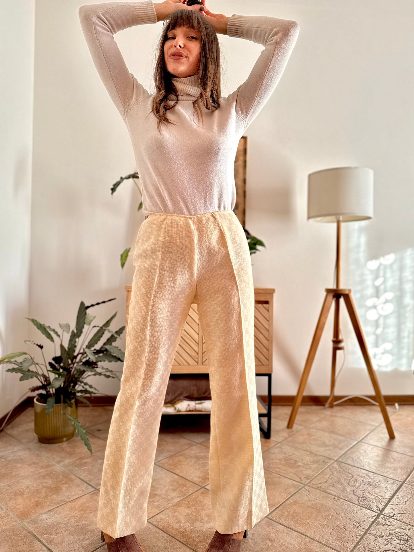 1970's vintage cream checkered weave tweed wool trousers