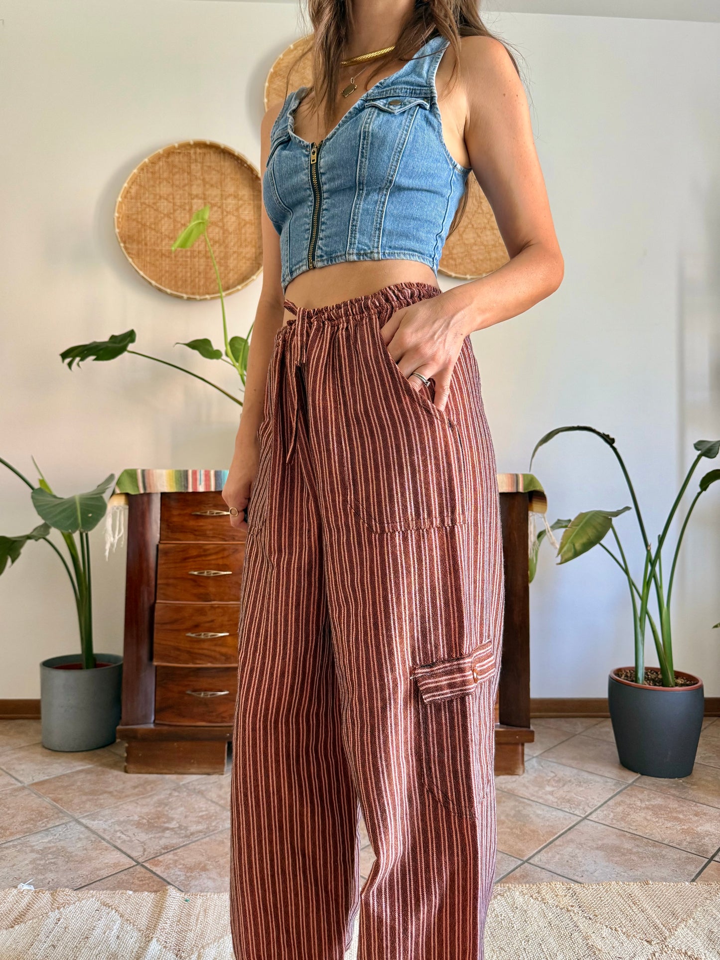1990’s vintage chocolate brown and pink stripe woven wide leg trousers