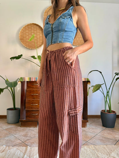 1990’s vintage chocolate brown and pink stripe woven wide leg trousers