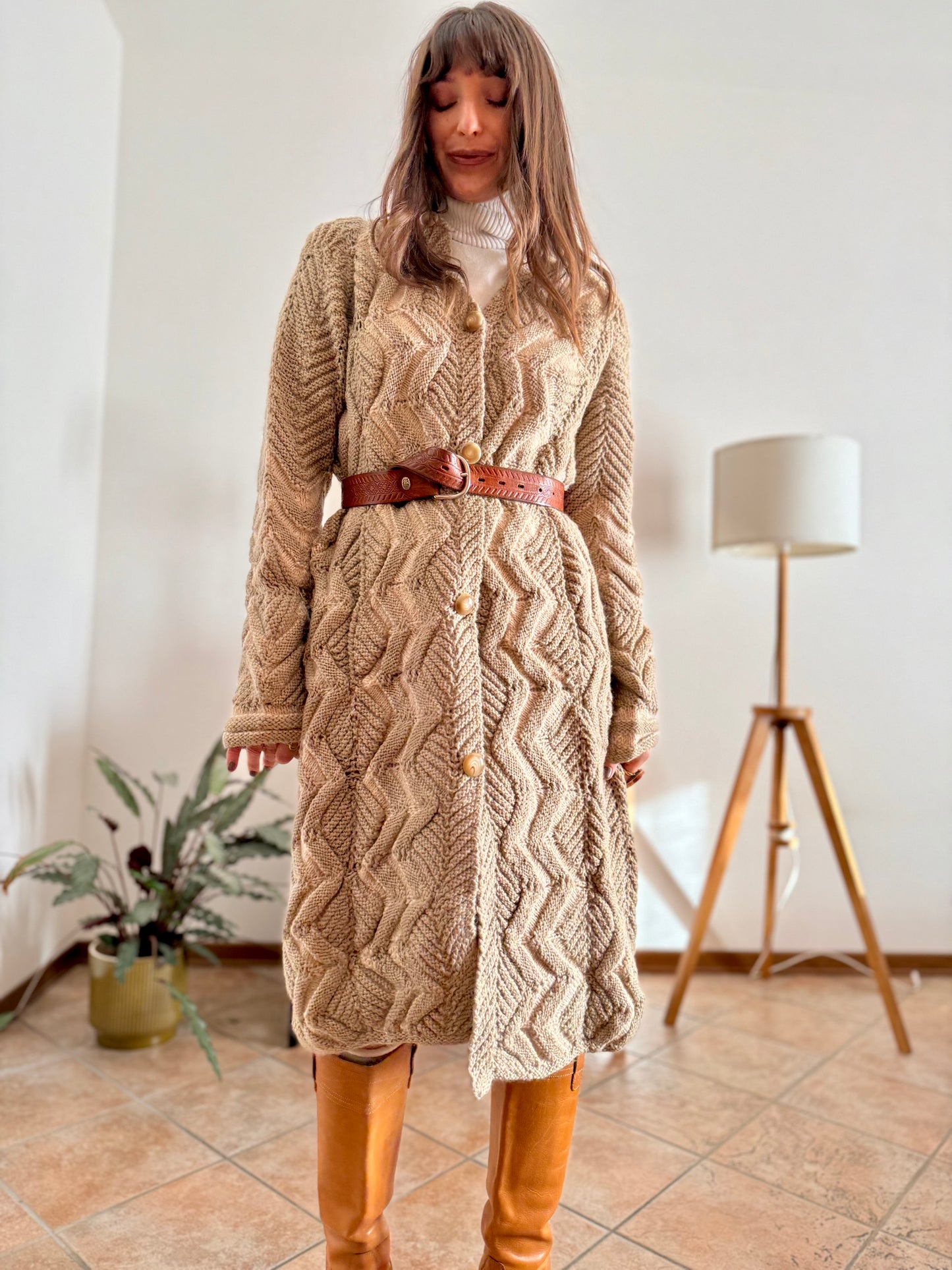 1970's vintage beige and cream chevron knit wool button down midi dress