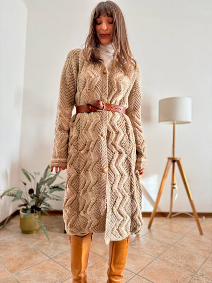 1970's vintage beige and cream chevron knit wool button down midi dress