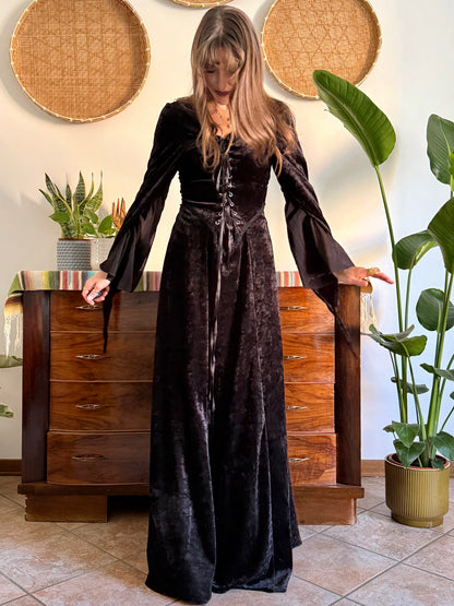 1990’s vintage black lace up bodice gothic velvet maxi dress with bell sleeves