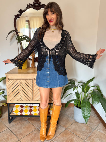 Y2k vintage black bell sleeve crocheted cardigan with silver thread accents