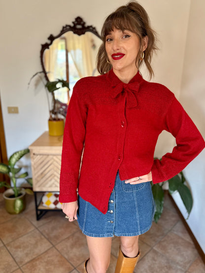 1960’s vintage cherry red hand knit wool cardigan with bow detail