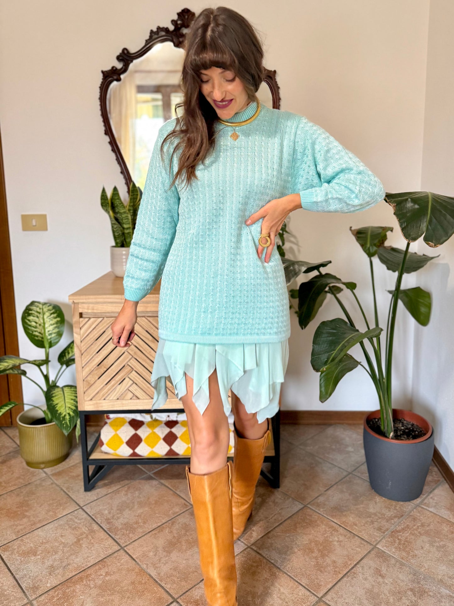 Y2k vintage light turquoise and silver wool blend  cable knit pullover