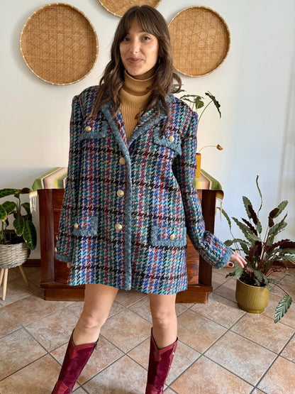 1970's vintage oversize wool blue, turquoise, and grey houndstooth plaid coat