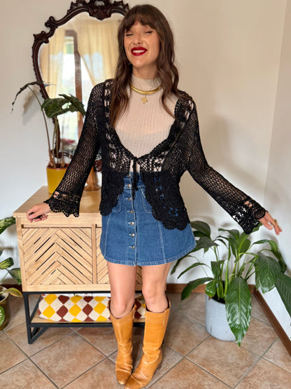 Y2k vintage black bell sleeve crocheted cardigan with silver thread accents