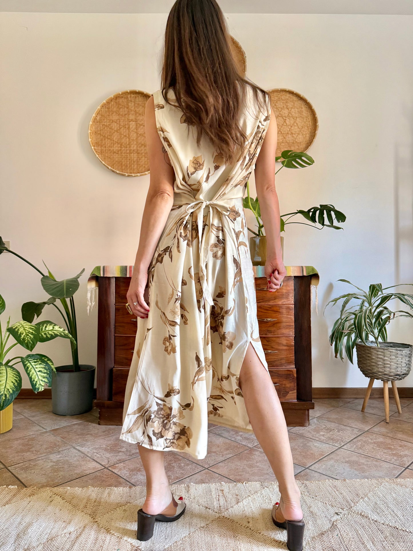 1990's vintage beige floral maxi dress with chocolate brown floral print