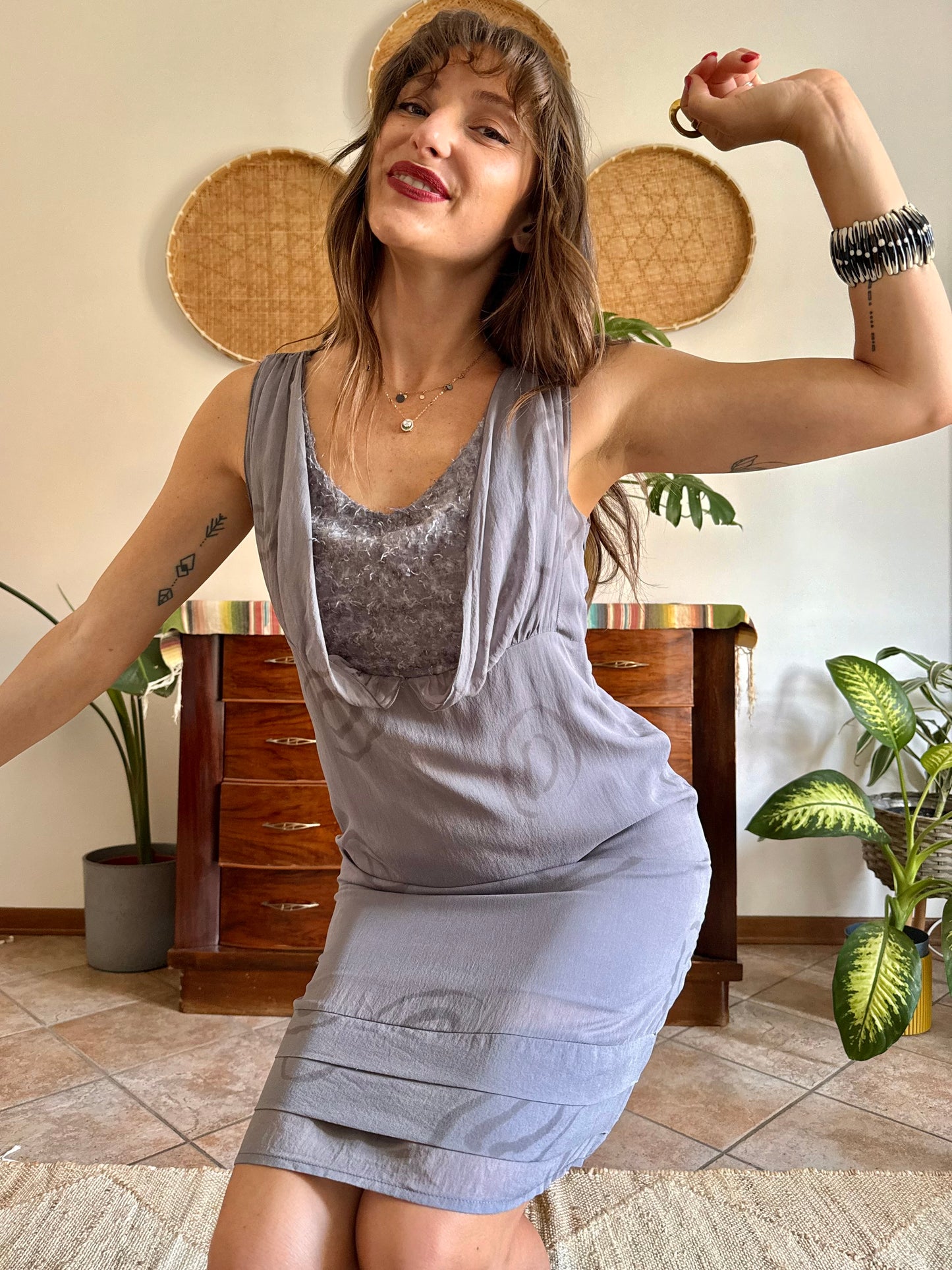1990’s vintage grey silk mini slip dress with geometric pattern and silver textured details