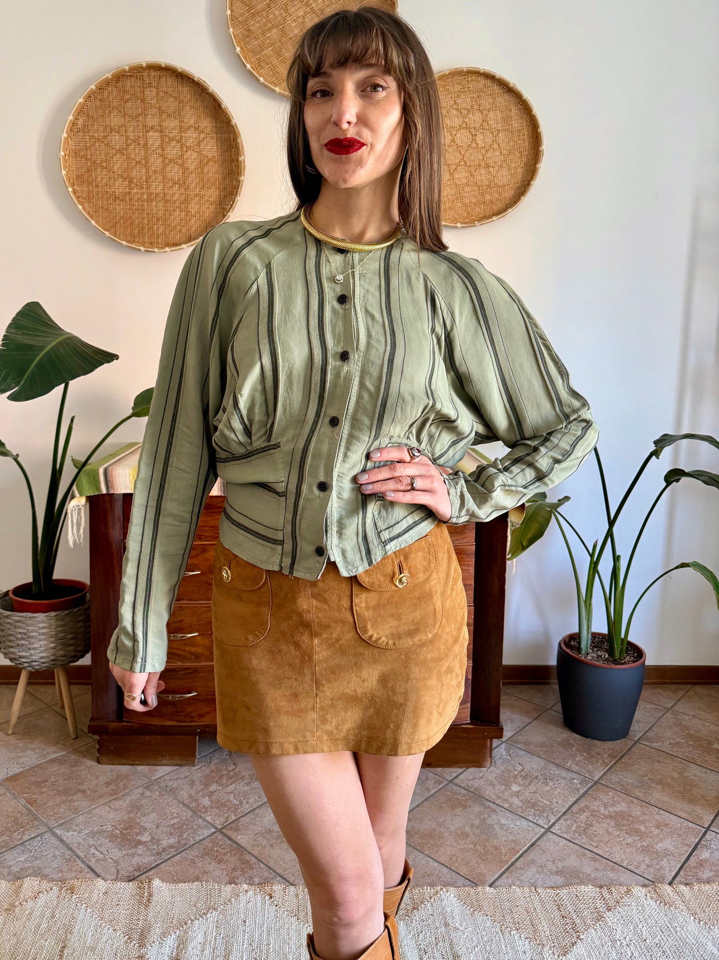 1970's vintage multi tonal vertical stripe green blouse