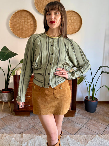 1970's vintage multi tonal vertical stripe green blouse