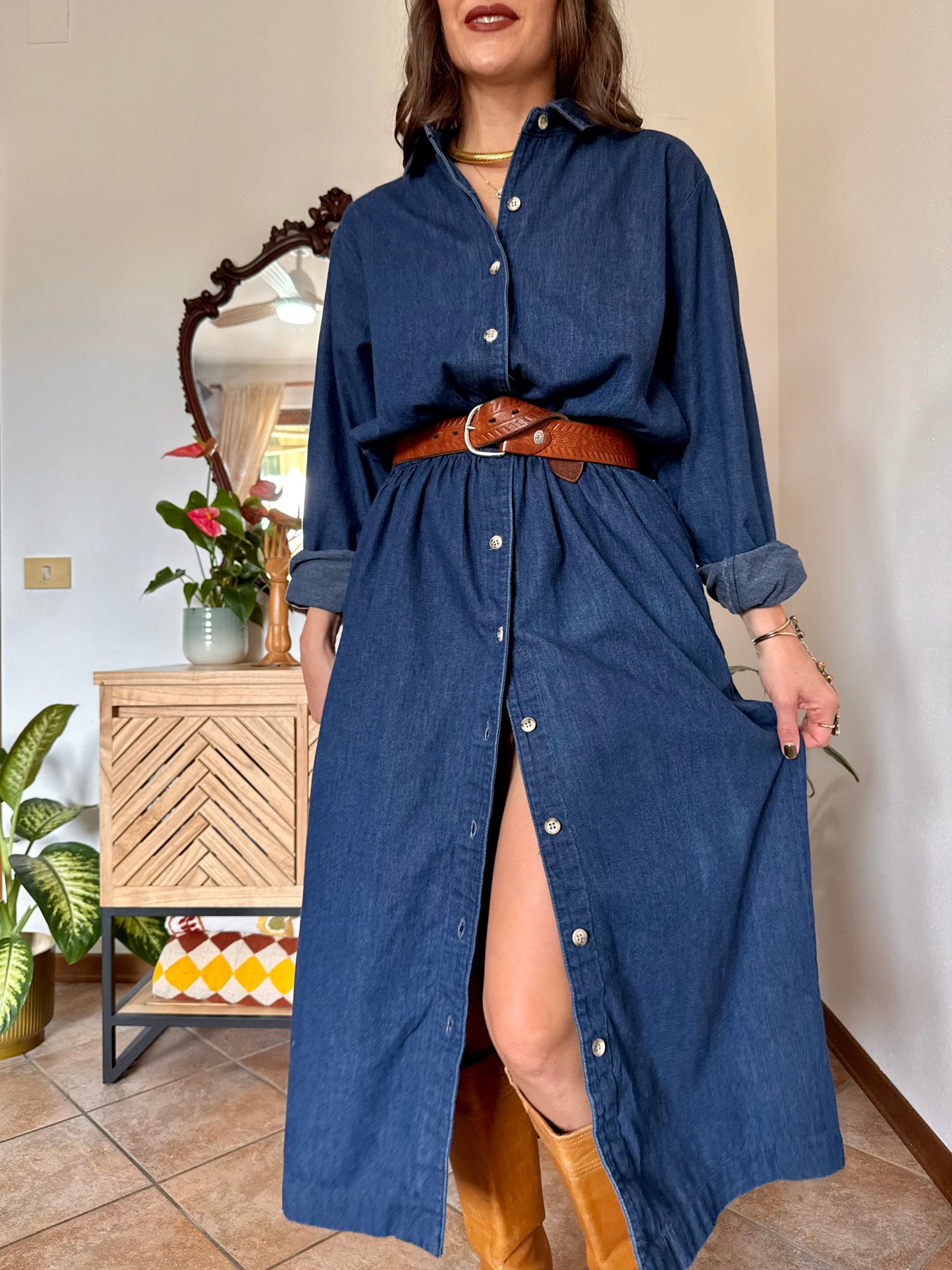 1970's vintage dark blue denim maxi dress