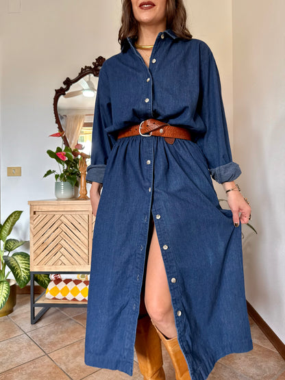 1970's vintage dark blue denim maxi dress