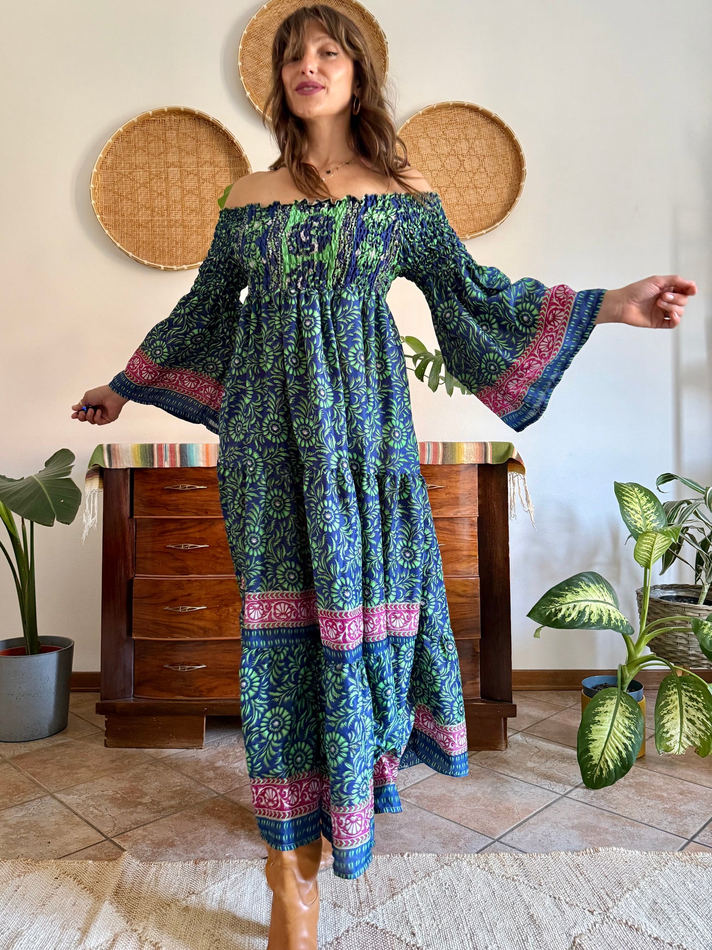 1970’s vintage green, blue and pink silk floral prairie maxi dress with bell sleeves
