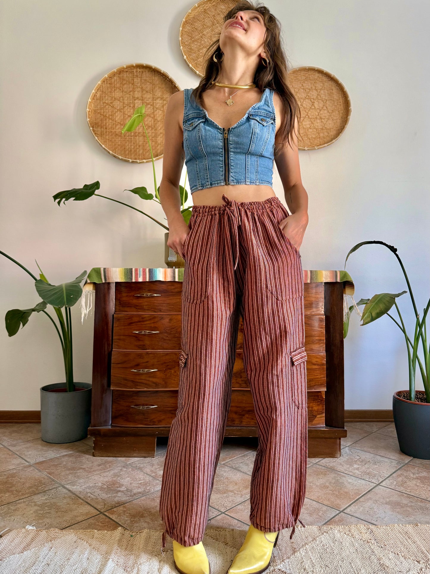 1990’s vintage chocolate brown and pink stripe woven wide leg trousers