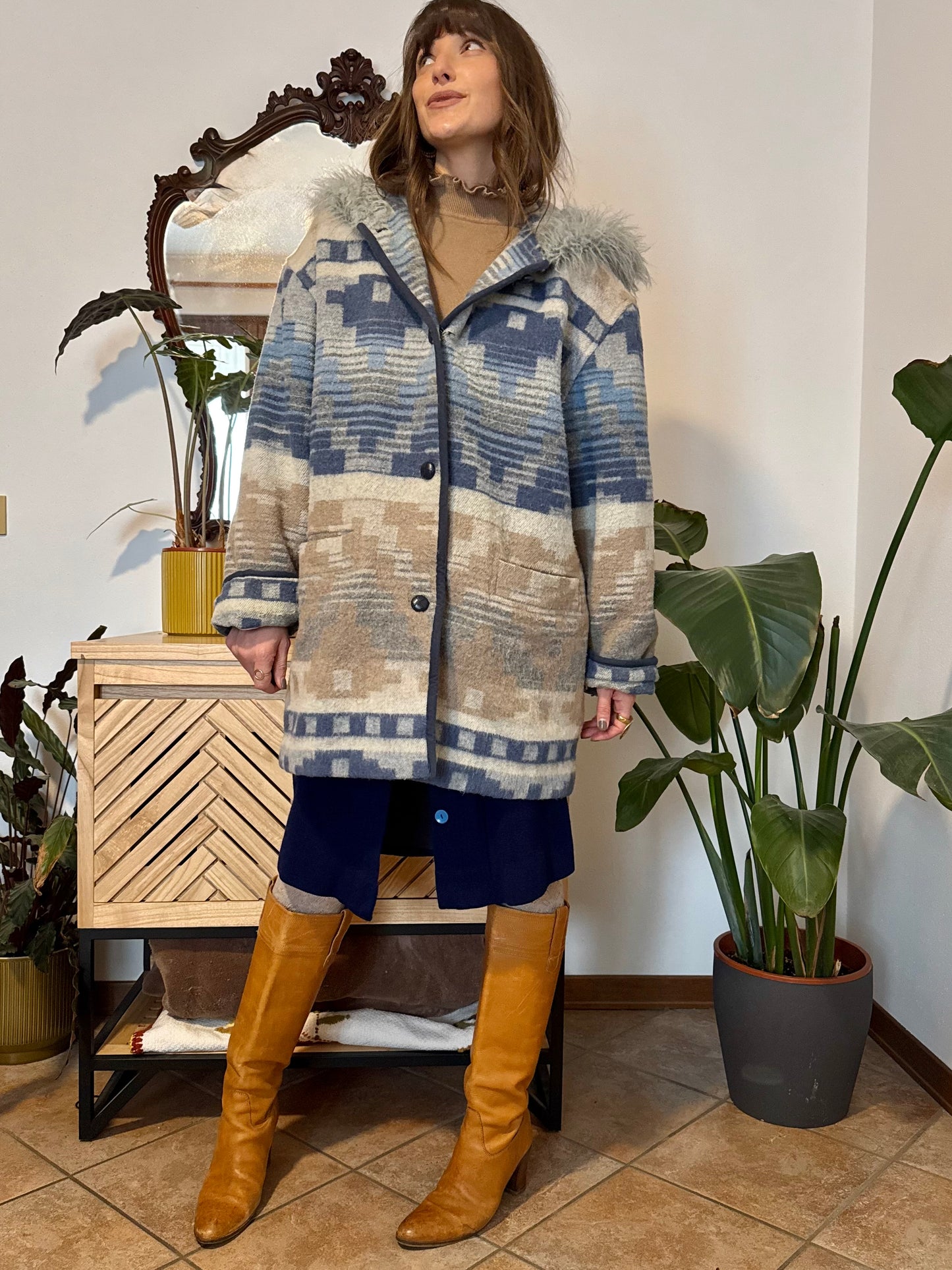 1990's vintage blue and tan Aztec pattern wool coat