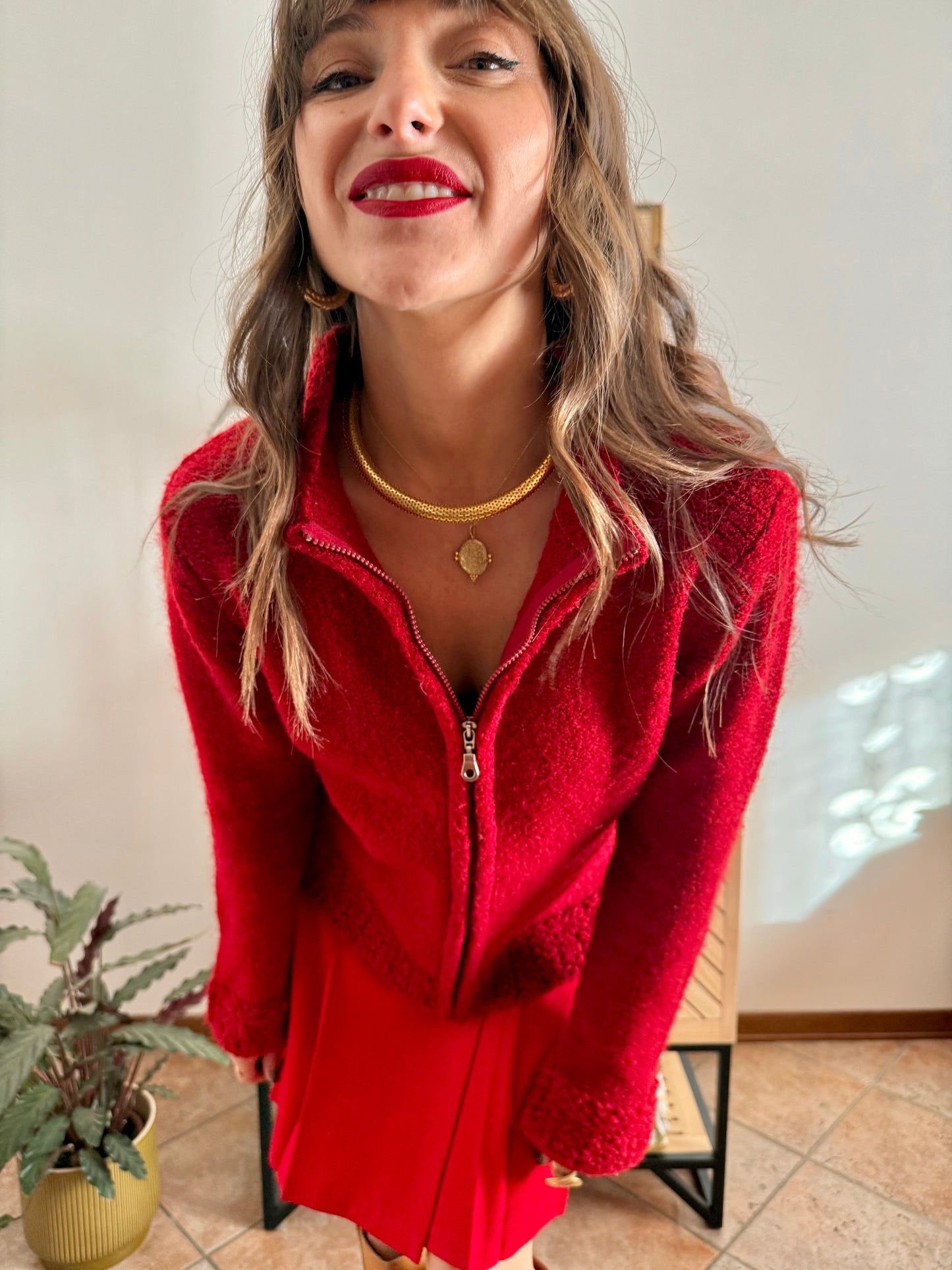 1990’s vintage textured cherry red knit zip up cardigan