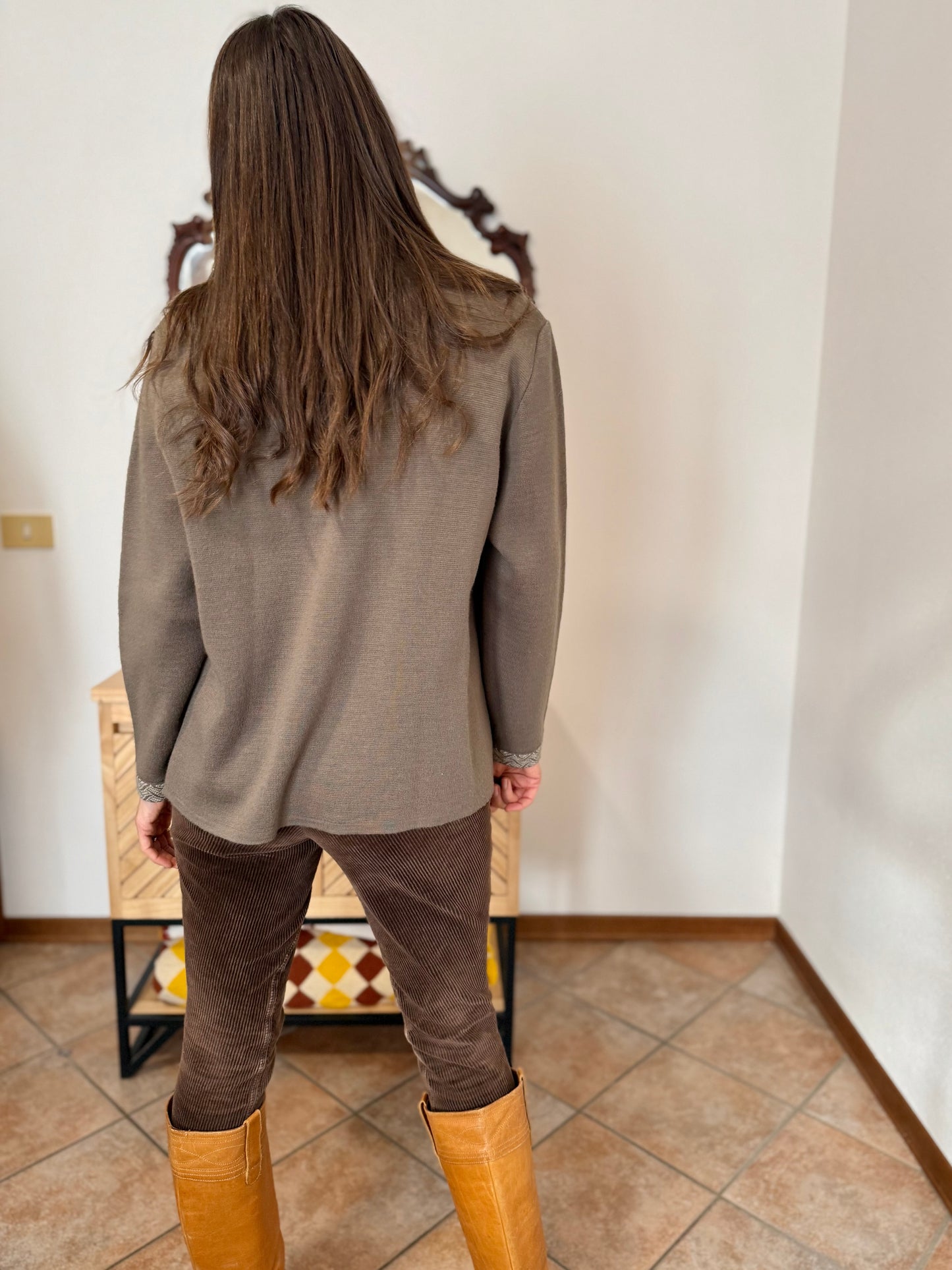 1980's vintage khaki wool cardigan with cream geometric knit pattern and square brass buttons