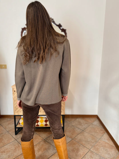 1980's vintage khaki wool cardigan with cream geometric knit pattern and square brass buttons