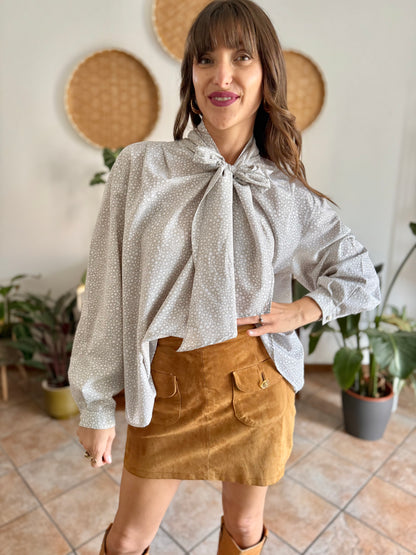 1970's vintage grey and white polkadot bow tie blouse