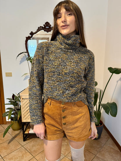 1990's vintage charcoal grey, yellow and blue boucle knit turtleneck pullover