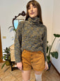 1990's vintage charcoal grey, yellow and blue boucle knit turtleneck pullover