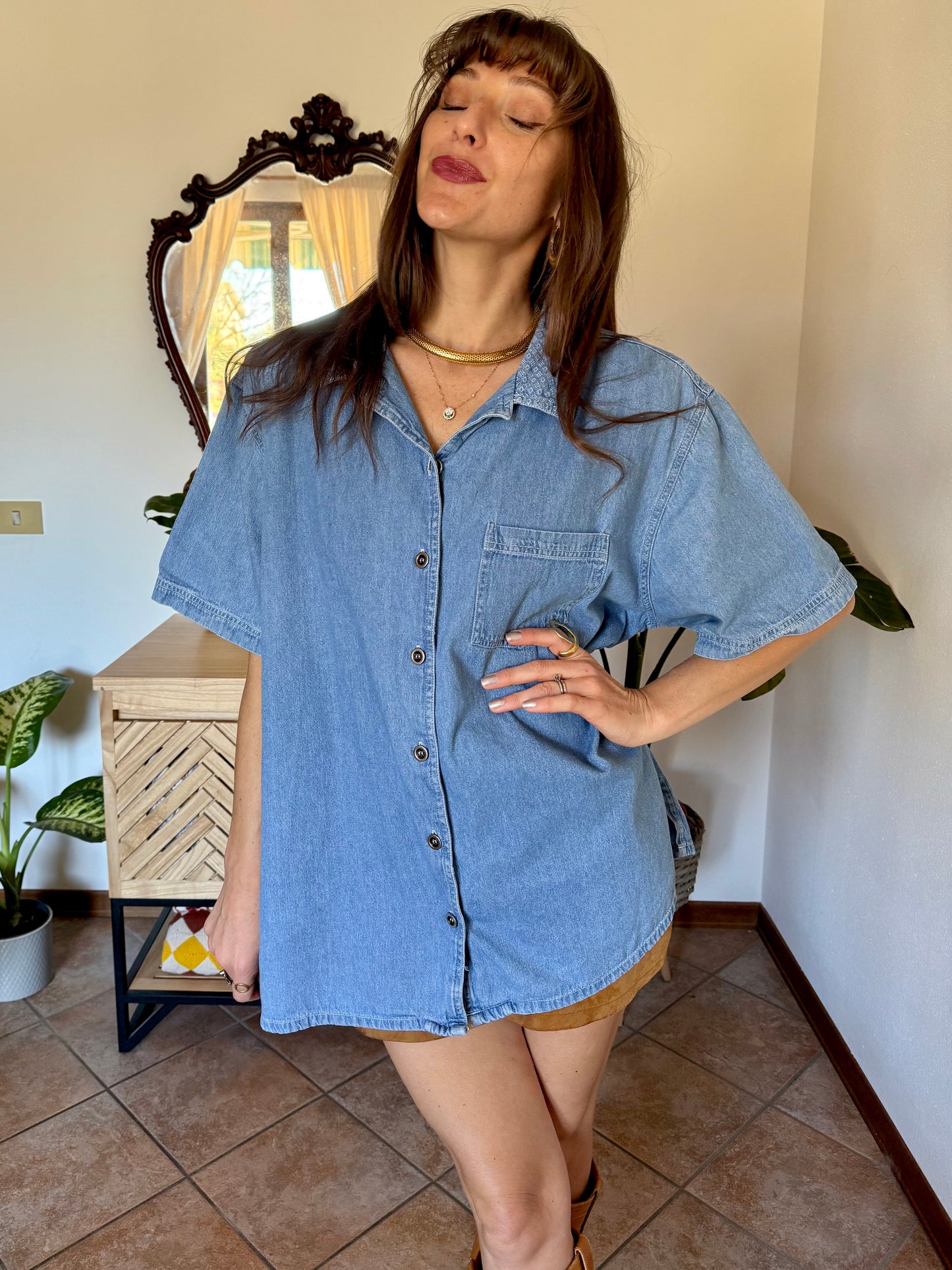 1990’s vintage light was denim shirt with geometric woven collar detailing