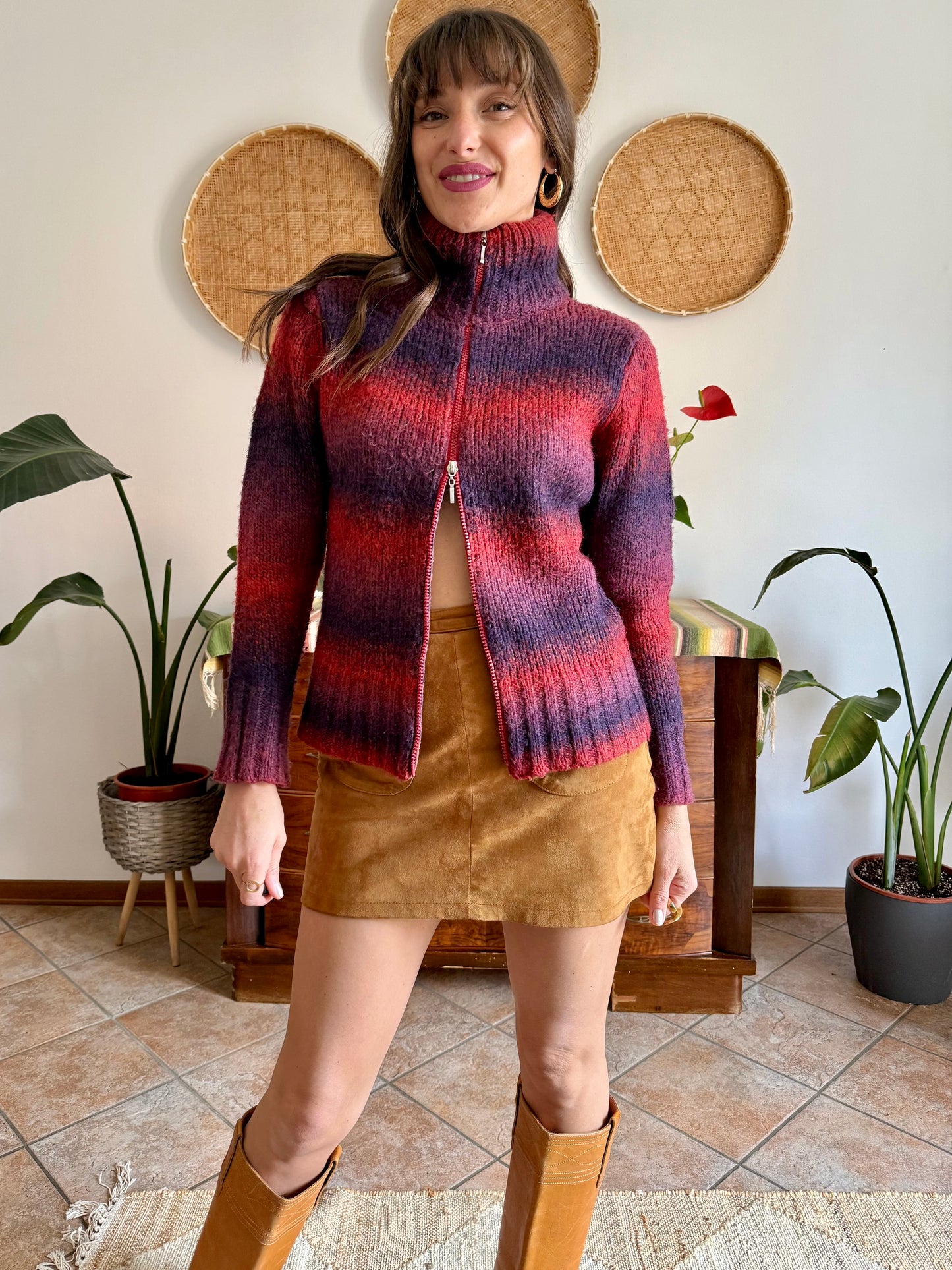 1990’s vintage purple and fucsia double zip mock neck wool cardigan
