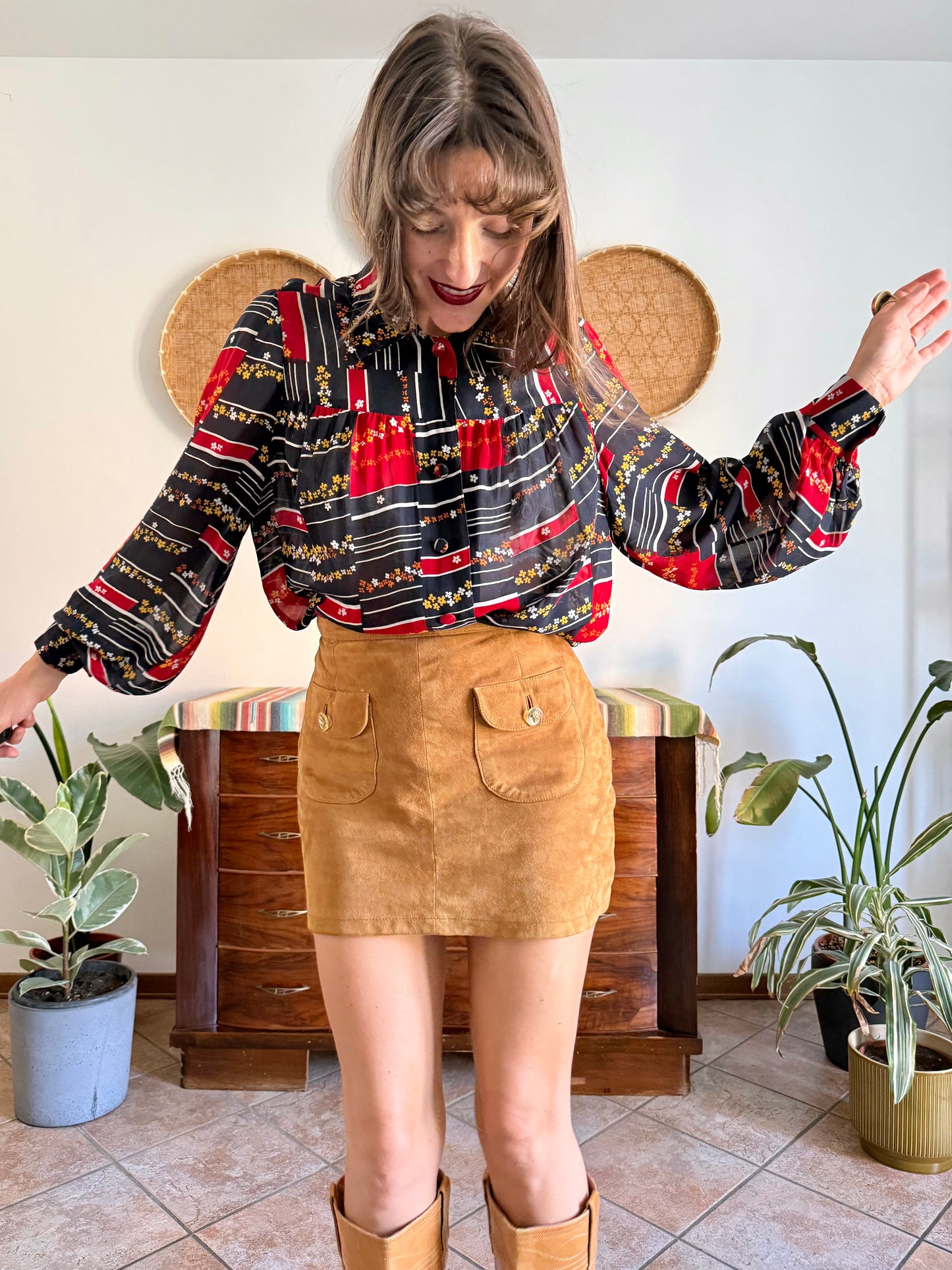 1970's vintage black, red and yellow stripe and floral print blouse