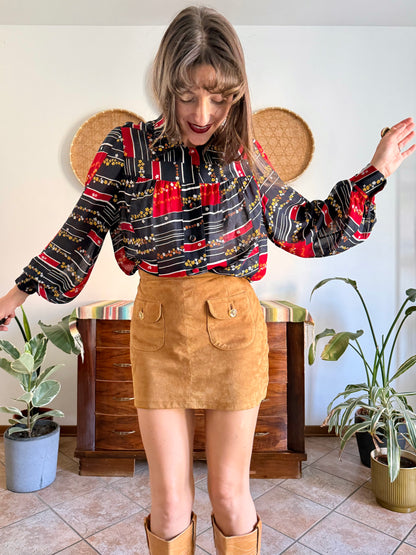 1970's vintage black, red and yellow stripe and floral print blouse