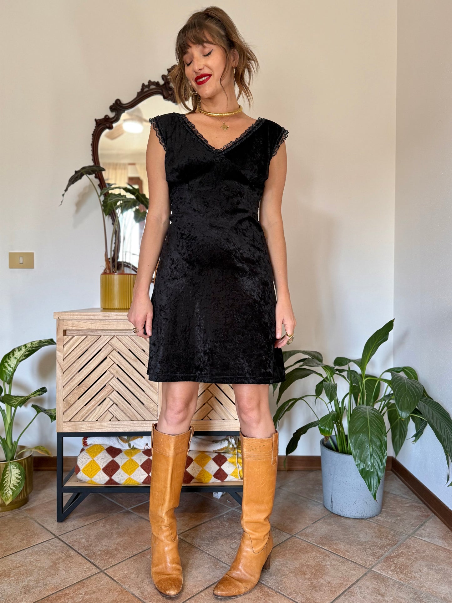 1990’s black velvet midi dress with lace trim
