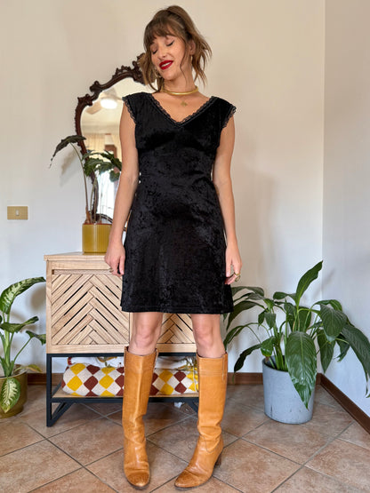 1990’s black velvet midi dress with lace trim