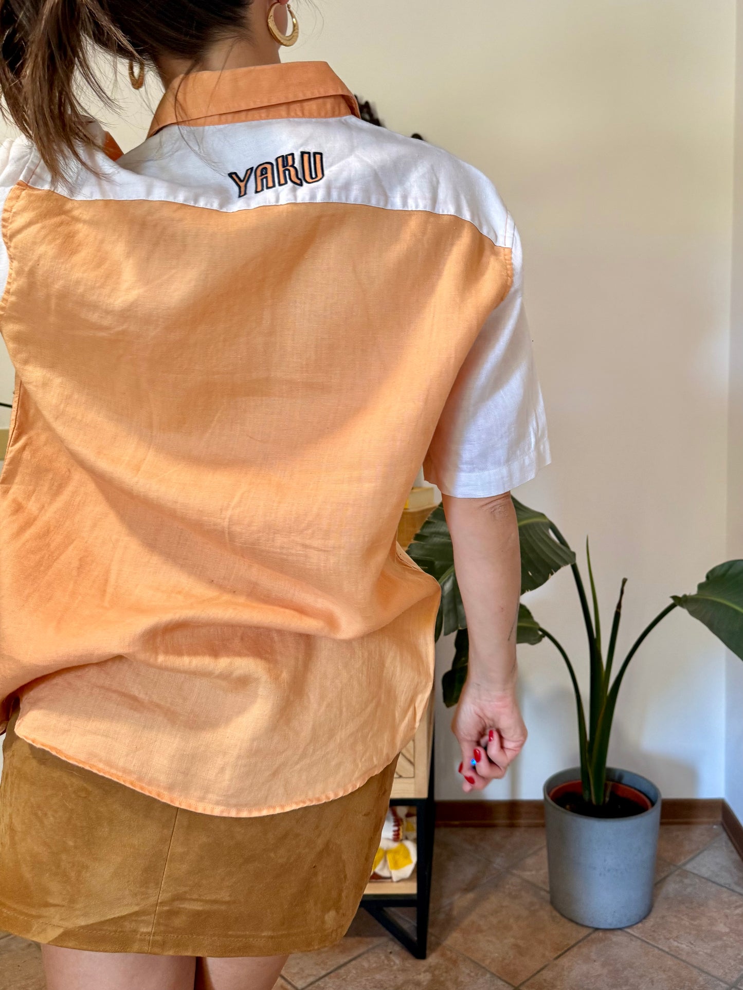 1990’s vintage pastel orange and white linen shirt with patches