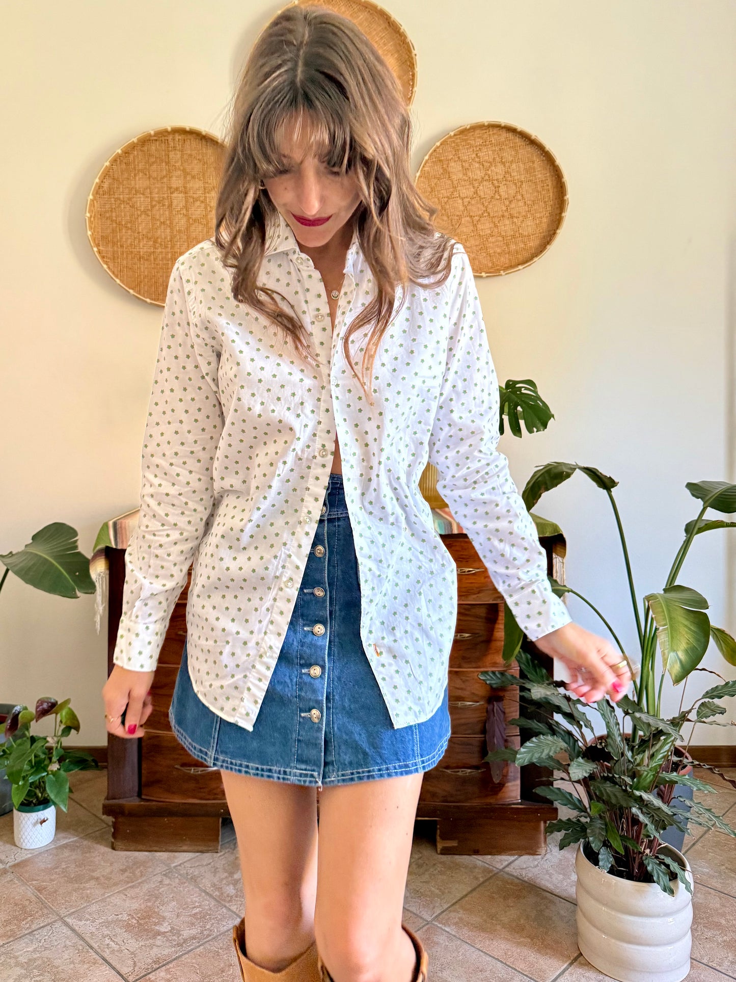 1990’s vintage white woven cotton shirt with green and beige floral design