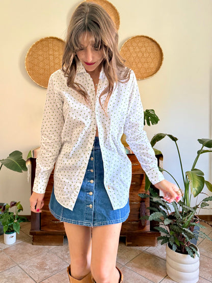 1990’s vintage white woven cotton shirt with green and beige floral design
