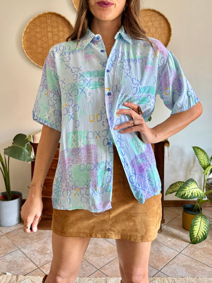 1990’s vintage lilac, turquoise and light blue geometric print blouse
