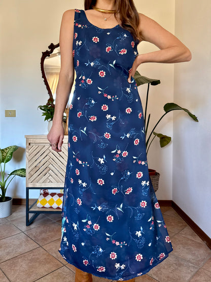 1990's vintage reversible navy blue floral print maxi dress