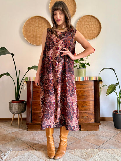 1990’s vintage burgundy, pink and orange floral paisley print maxi dress