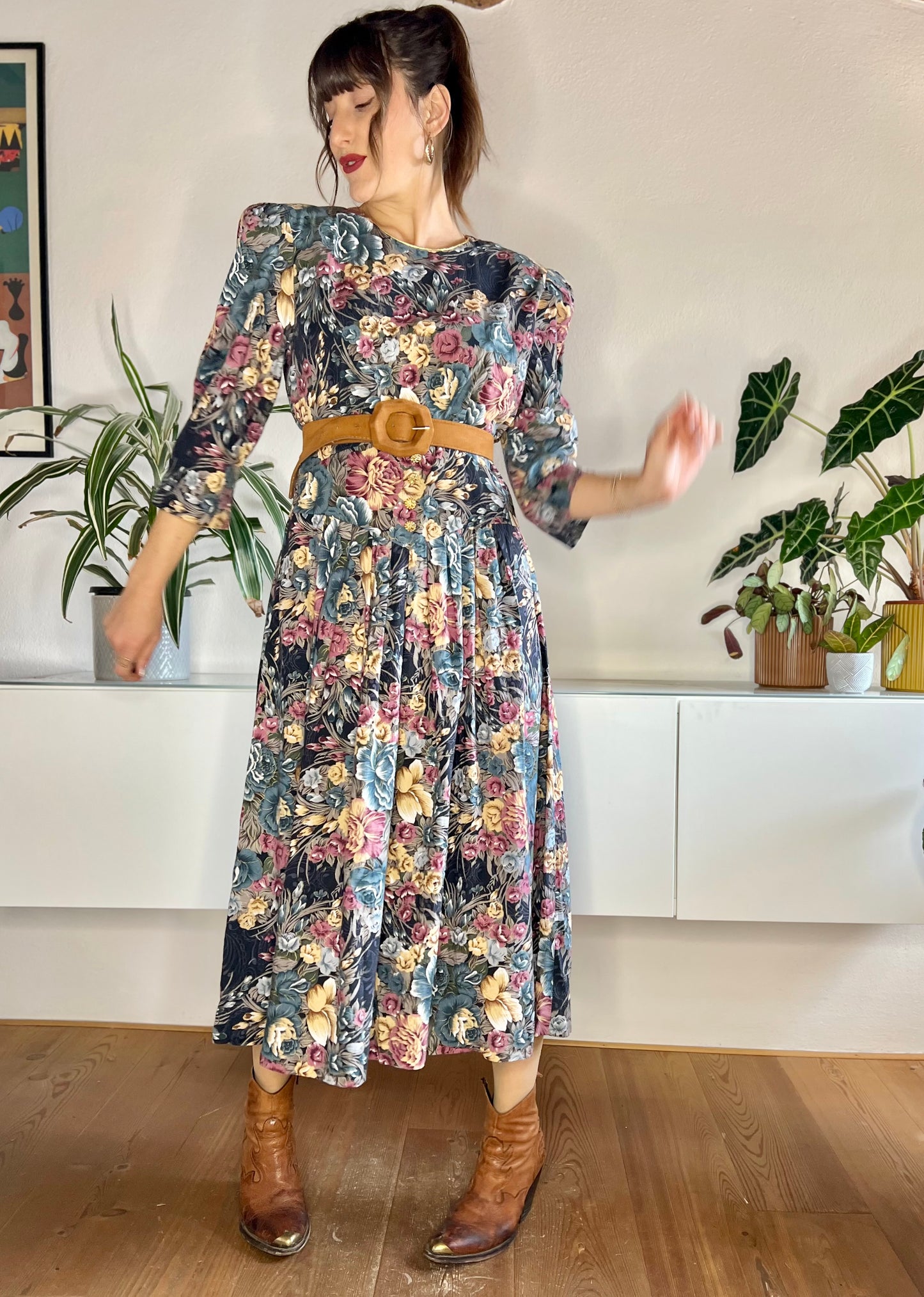 1970's vintage blue and rose coloured floral maxi dress